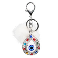 Blue Evil Eye Teardrop Keychain with White Mink Fur Pom