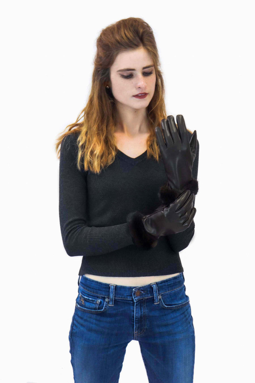 Leather Glove with Mink Fur Cuff