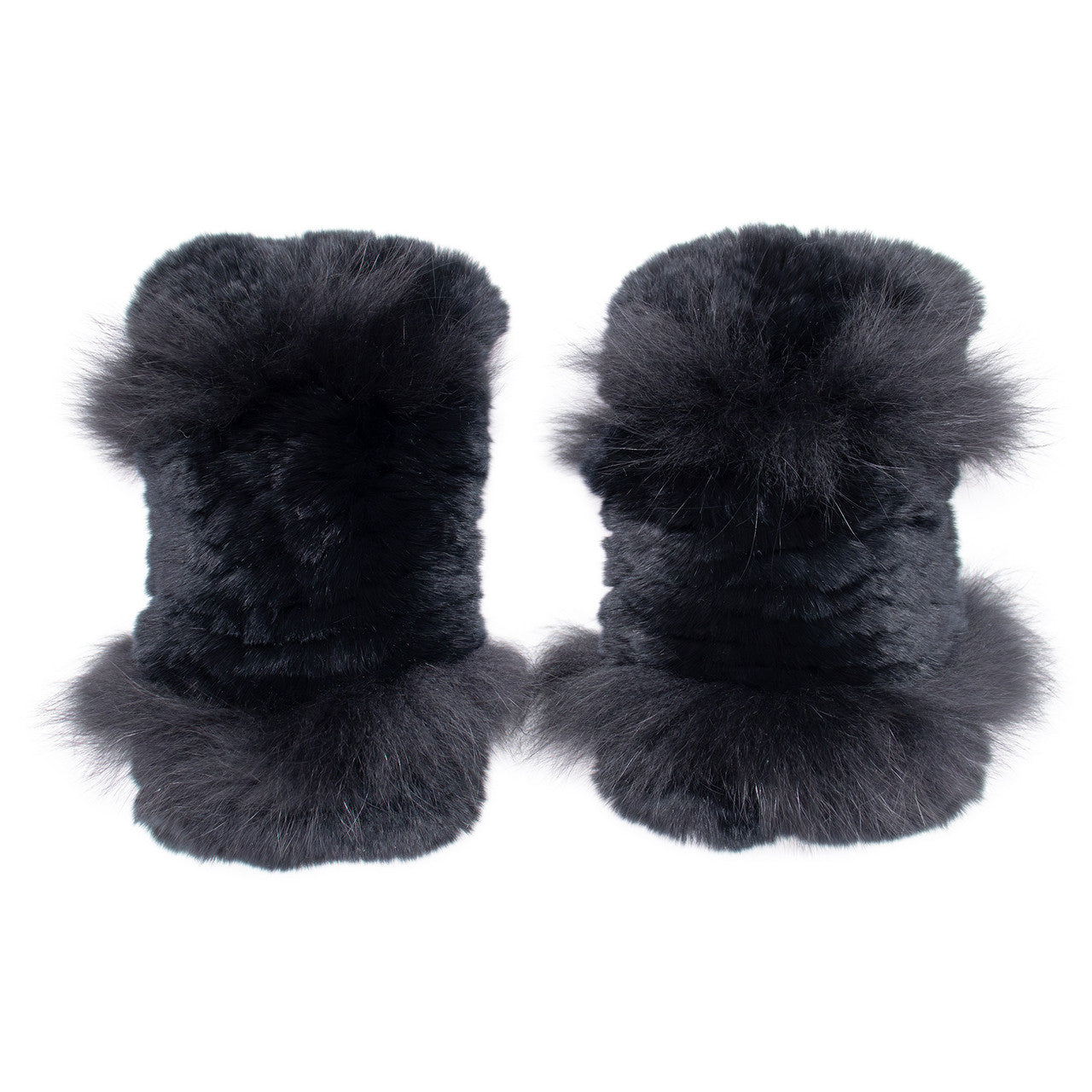 Black Rex Rabbit Fur Texting Mittens with Fox Fur Trim