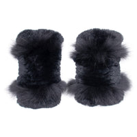 Black Rex Rabbit Fur Texting Mittens with Fox Fur Trim