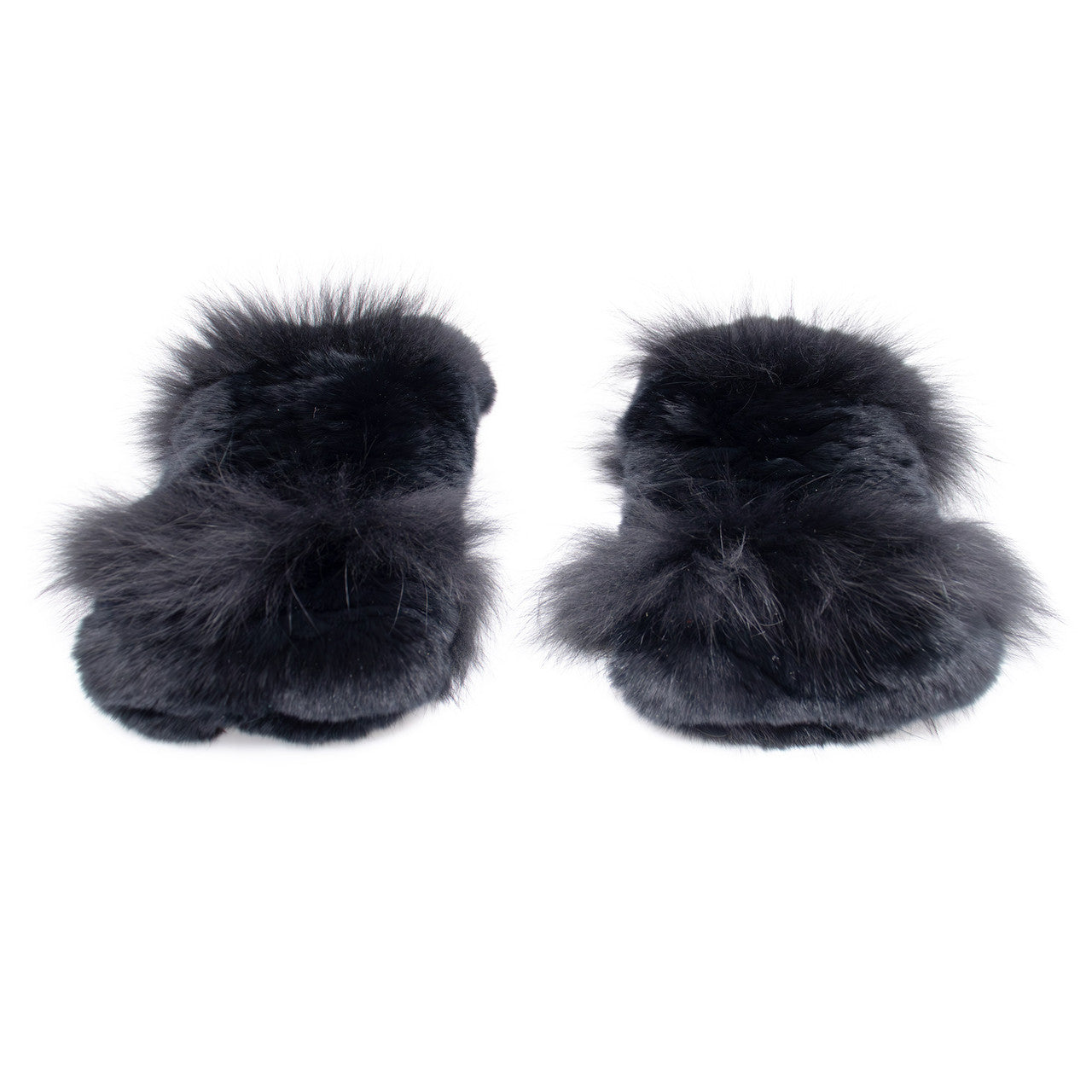 Black Rex Rabbit Fur Texting Mittens with Fox Fur Trim