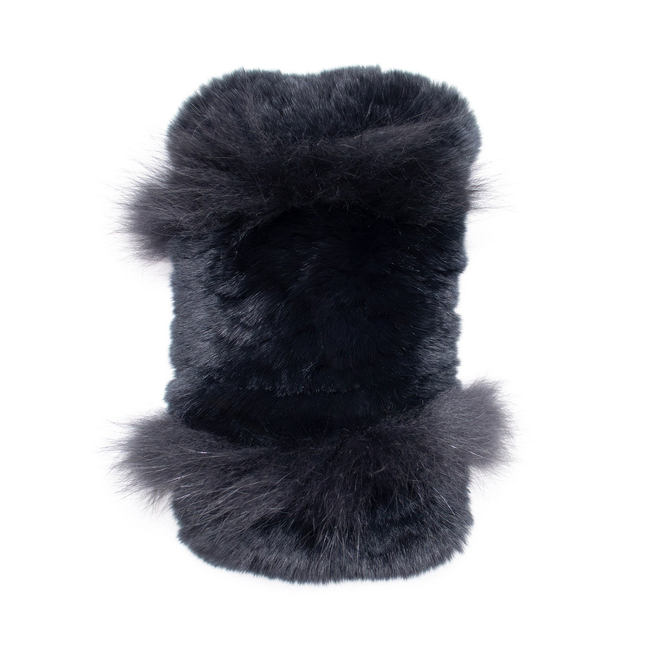 Black Rex Rabbit Fur Texting Mitten with Fox Fur Trim