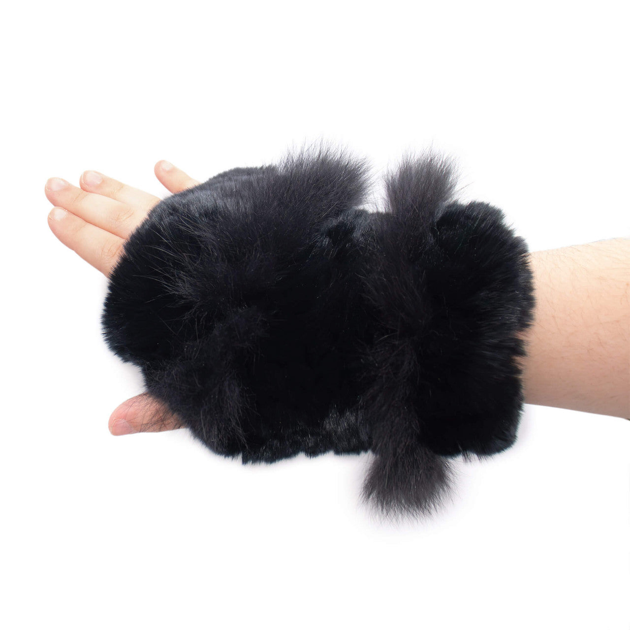 Black Rex Rabbit Fur Texting Mittens with Fox Fur Trim on Hand