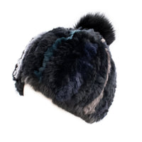 Rex Rabbit Textile Knit Beanie with Fox Pom- Dark Multi/Black