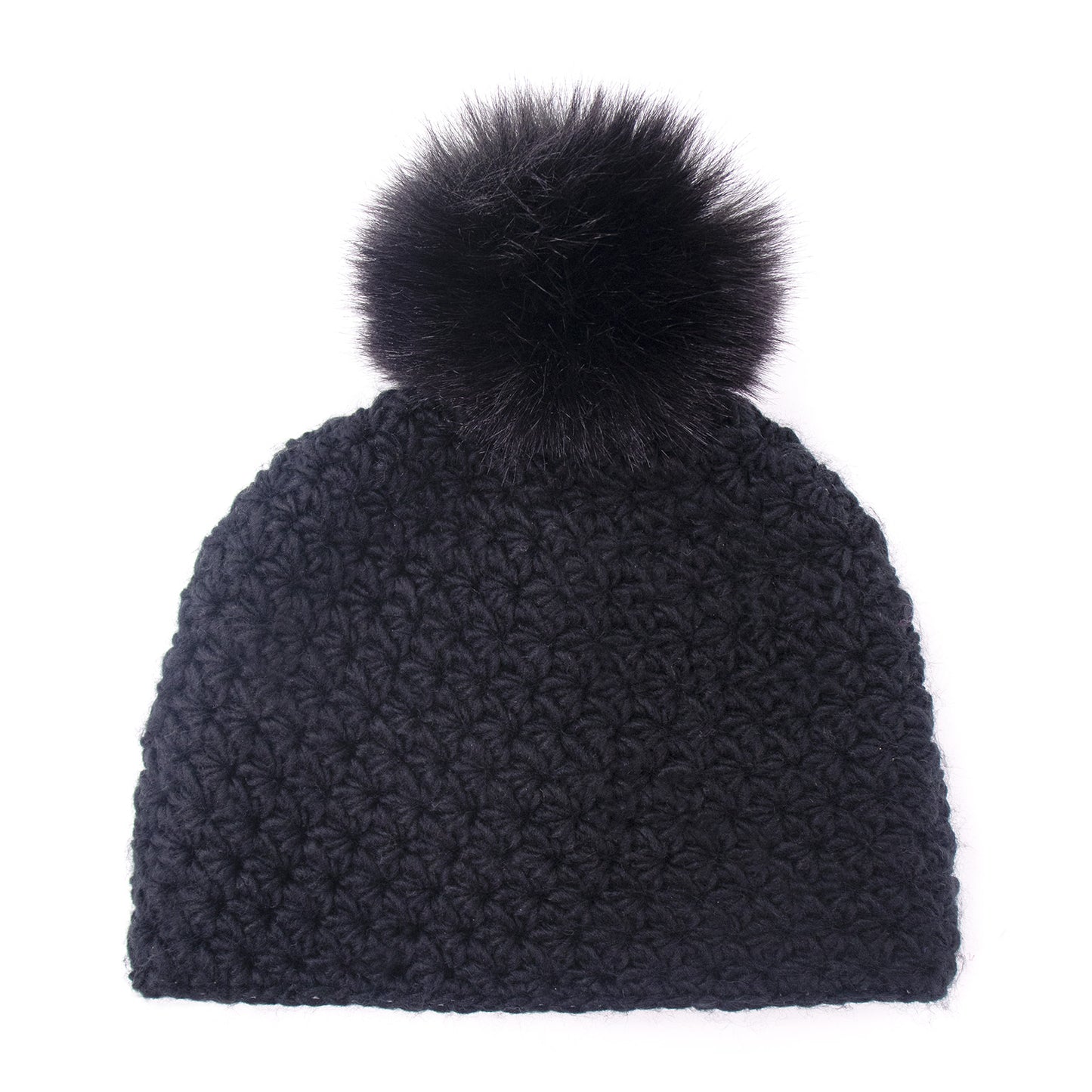 Handmade Star Knit Beanie with Faux Fox Fur Pom