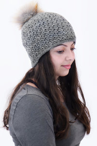 Handmade Star Knit Beanie with Faux Fox Fur Pom