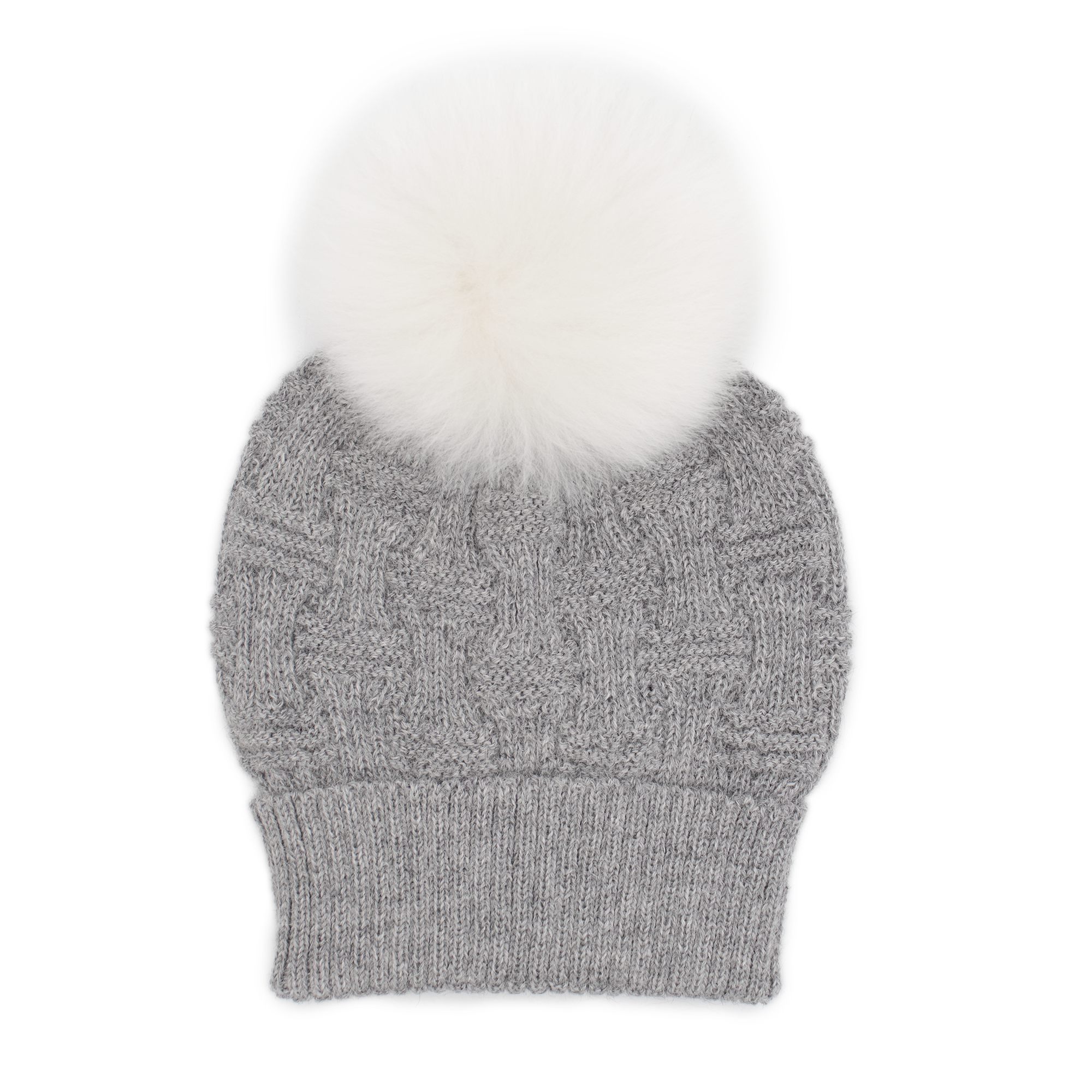 Gray knit beanie with white pompom on white background