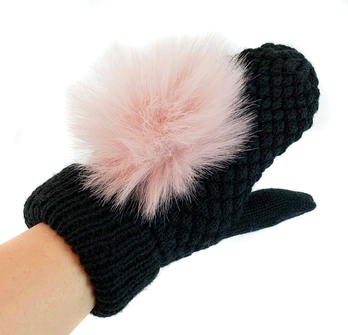 Children's Seed Stitch Mittens with Faux Fox Fur Pom