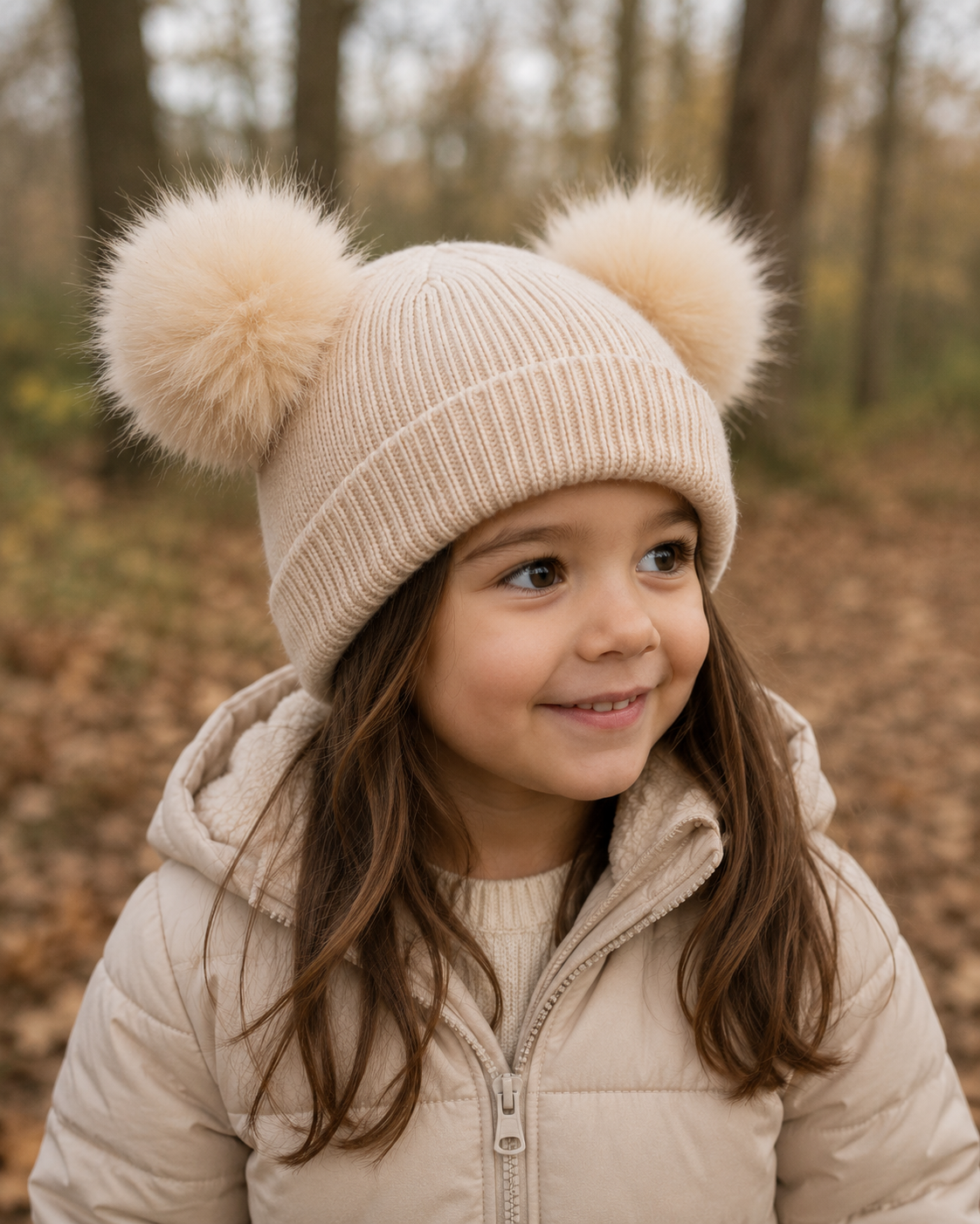Kids Knit Hat with Faux Fur Poms