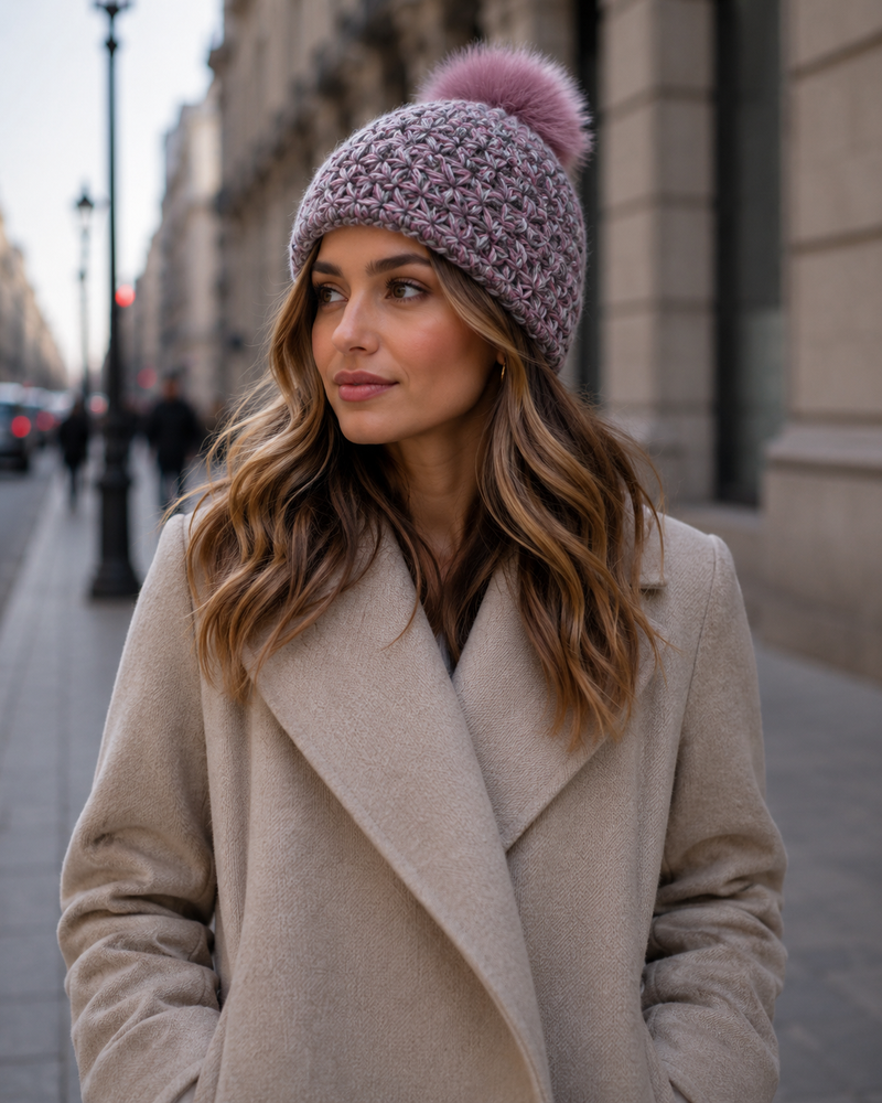 Handmade Star Knit Beanie with Faux Fox Fur Pom