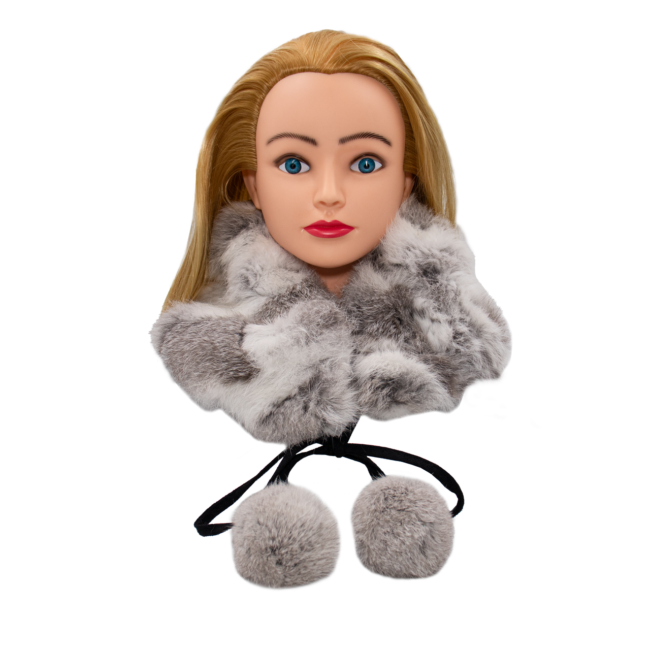 Gray and White Fur Collar with Pom Poms on a Blonde Mannequin