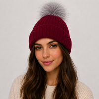 Red Knit Hat with Detachable Fox Fur Pom