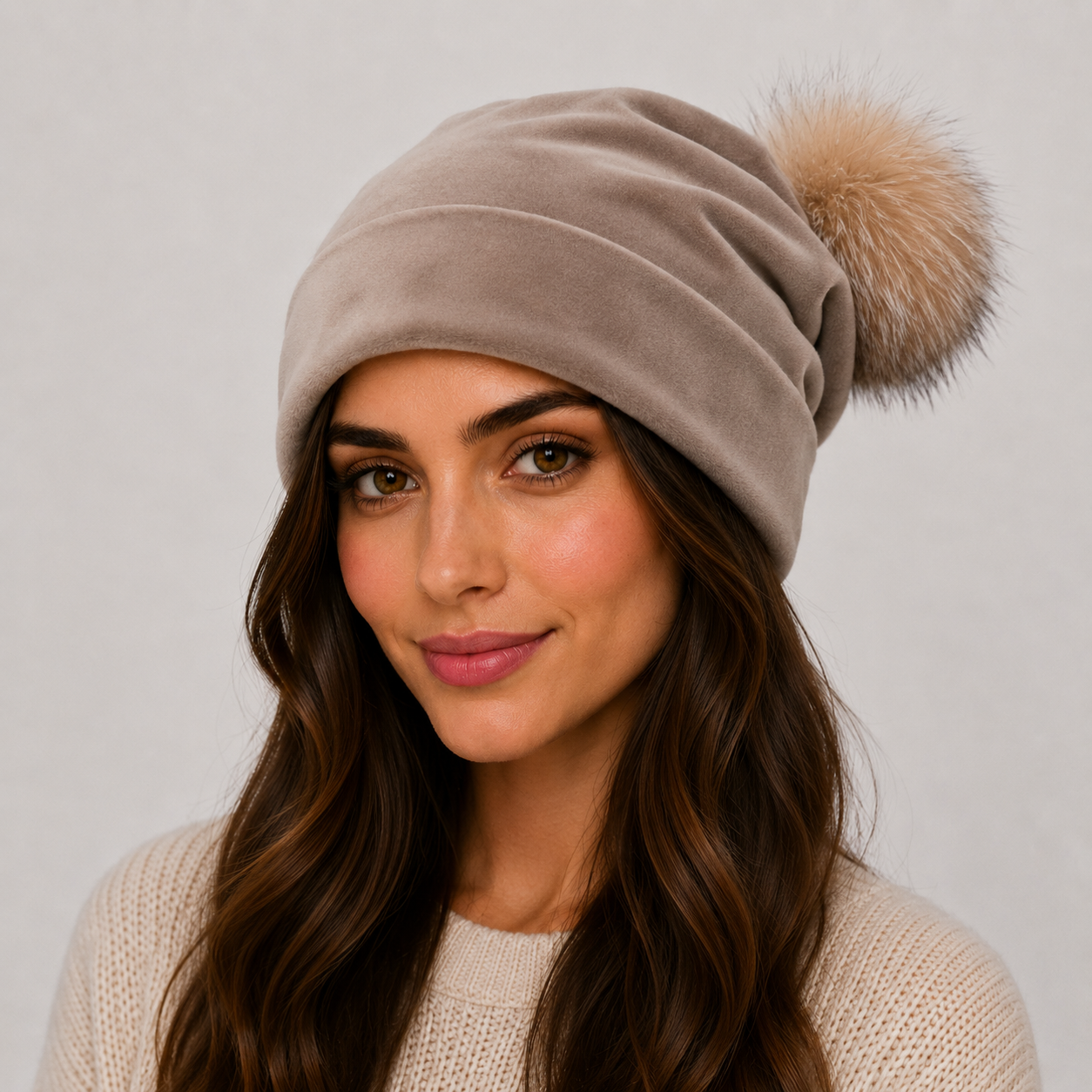 Taupe Velvet Slouch Beanie with Crystal Fox Fur Pom