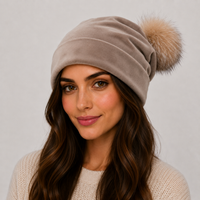Taupe Velvet Slouch Beanie with Crystal Fox Fur Pom