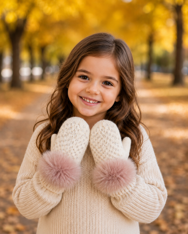 Children's Sparkly Mittens with Faux Fur Pom