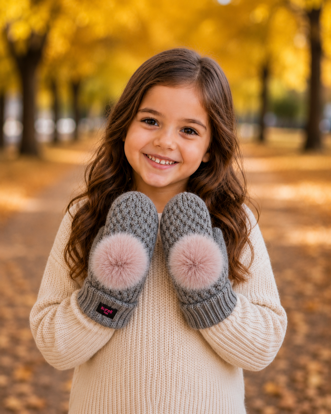 Children's Seed Stitch Mittens with Faux Fox Fur Pom