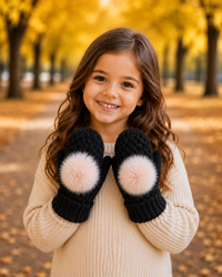 Children's Seed Stitch Mittens with Faux Fox Fur Pom