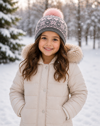 Children's Snowflake Beanie with Faux Fox Fur Pom