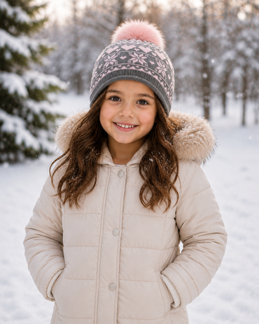 Children's Snowflake Beanie with Faux Fox Fur Pom