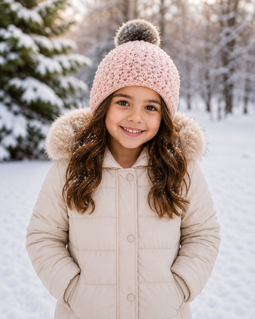 Children's Star Knit Beanie with Rabbit Fur Pom