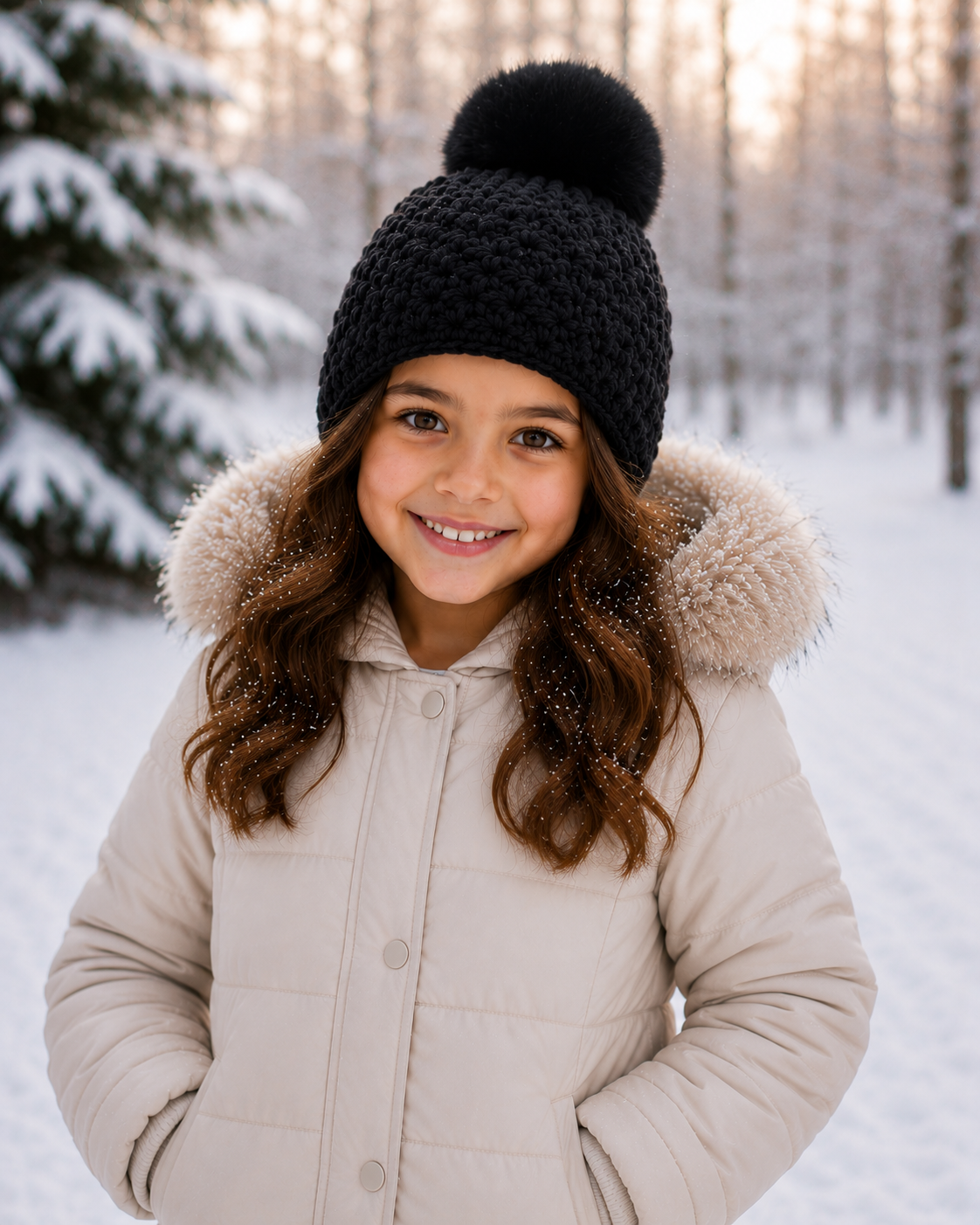 Children's Star Knit Beanie with Rabbit Fur Pom