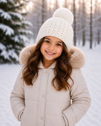 Children's Star Knit Beanie with Rabbit Fur Pom
