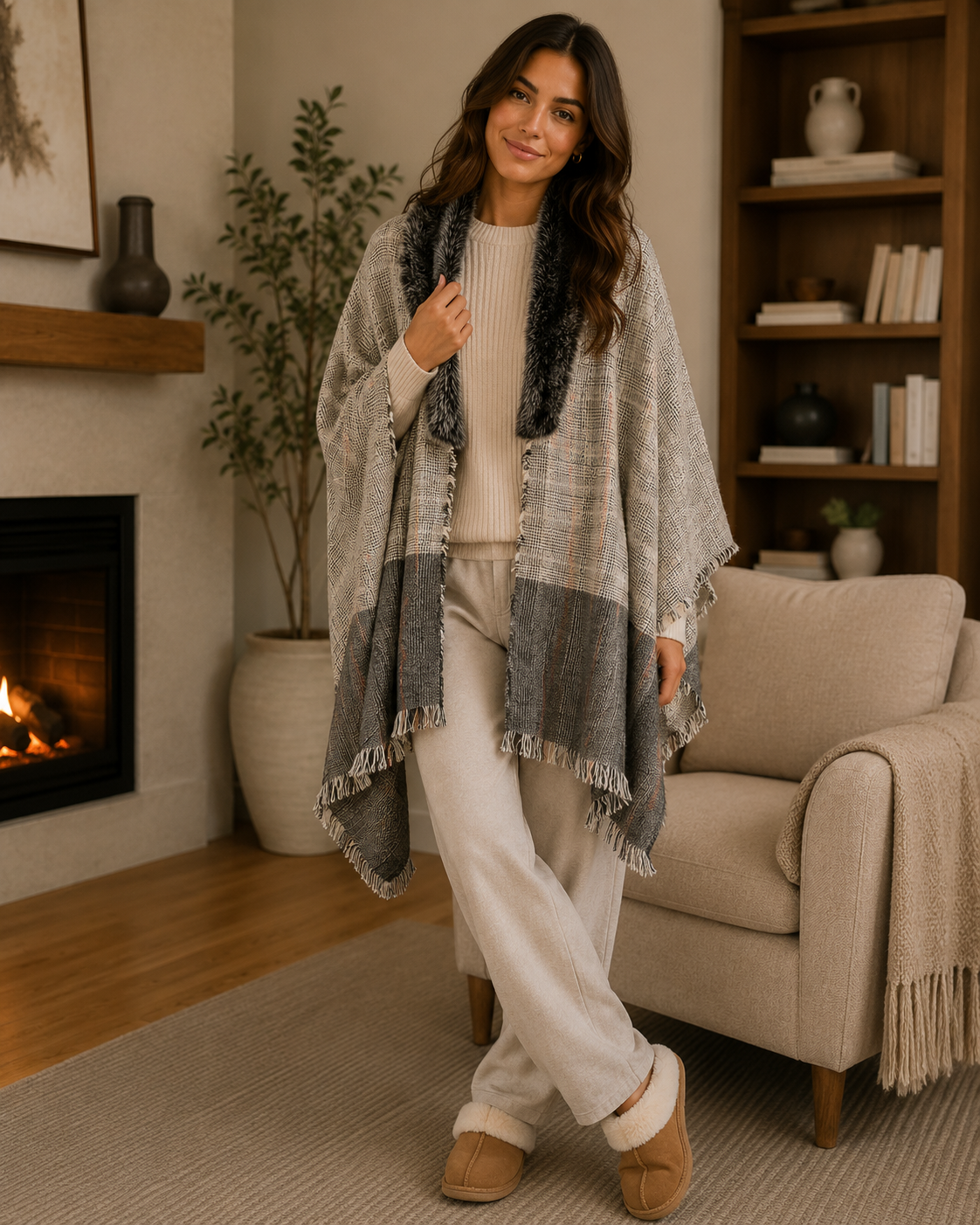 Plaid Houndstooth Shawl with Faux Fur Trim