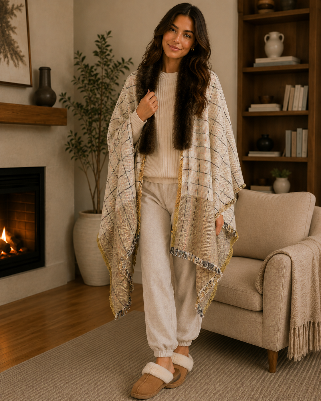 Plaid Houndstooth Shawl with Faux Fur Trim