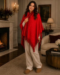 Chevron Knit Ruana with Faux Fur Trim