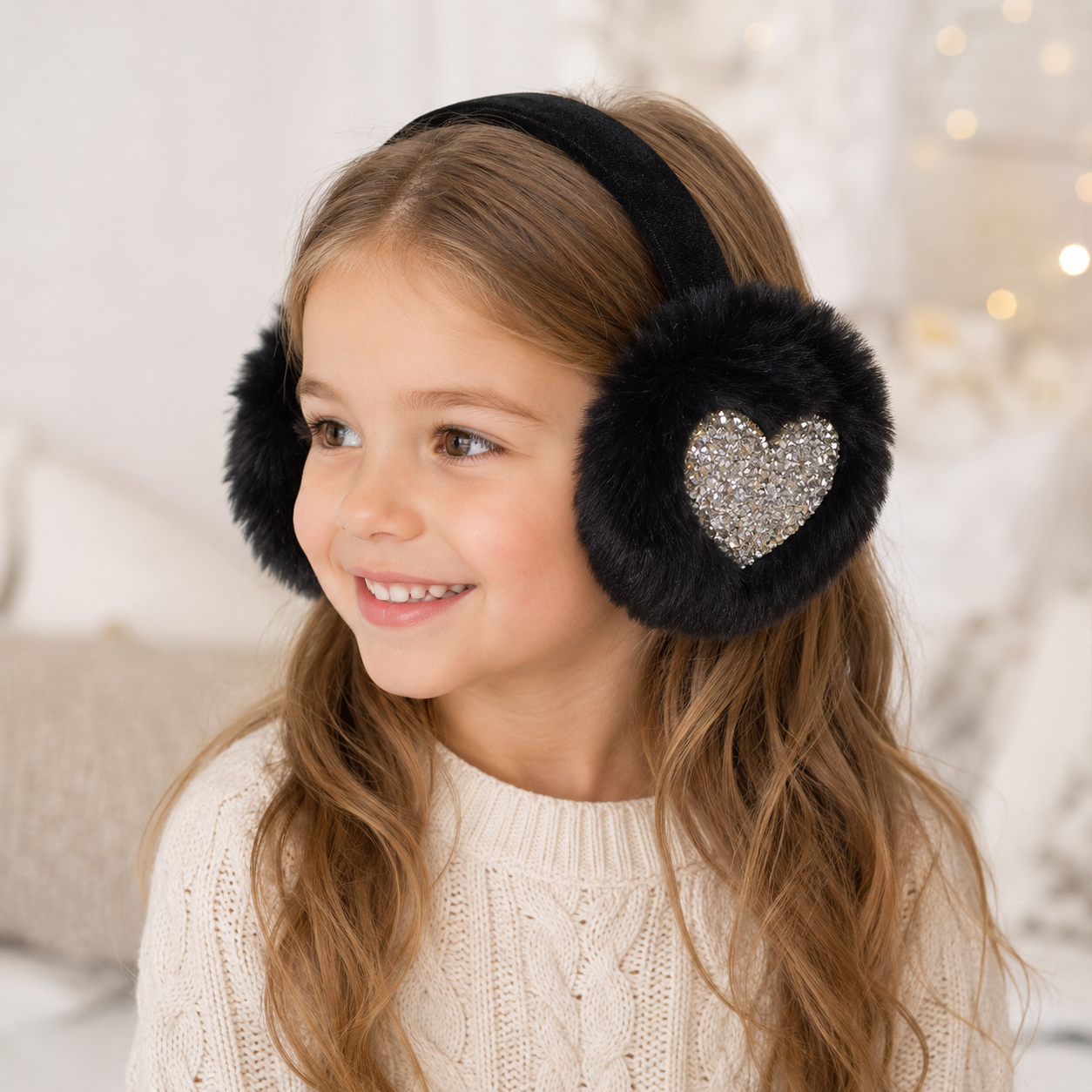 Kid's Sparkly Heart Faux Fur Earmuffs