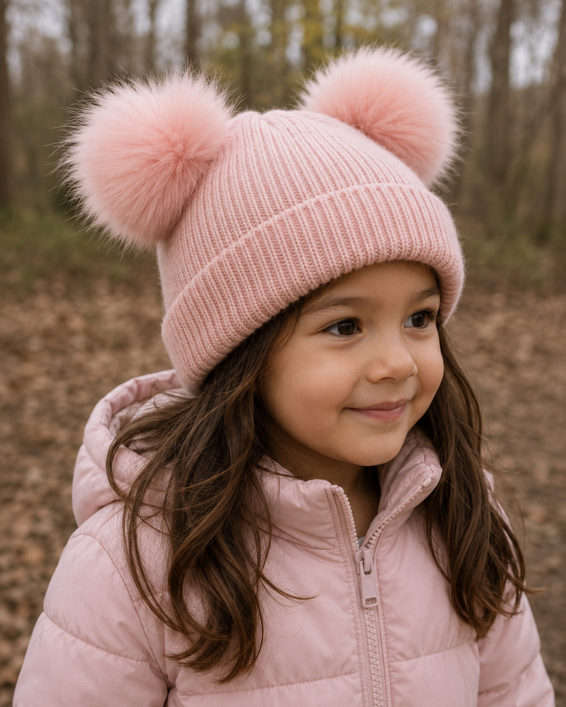 Kids Knit Hat with Faux Fur Poms