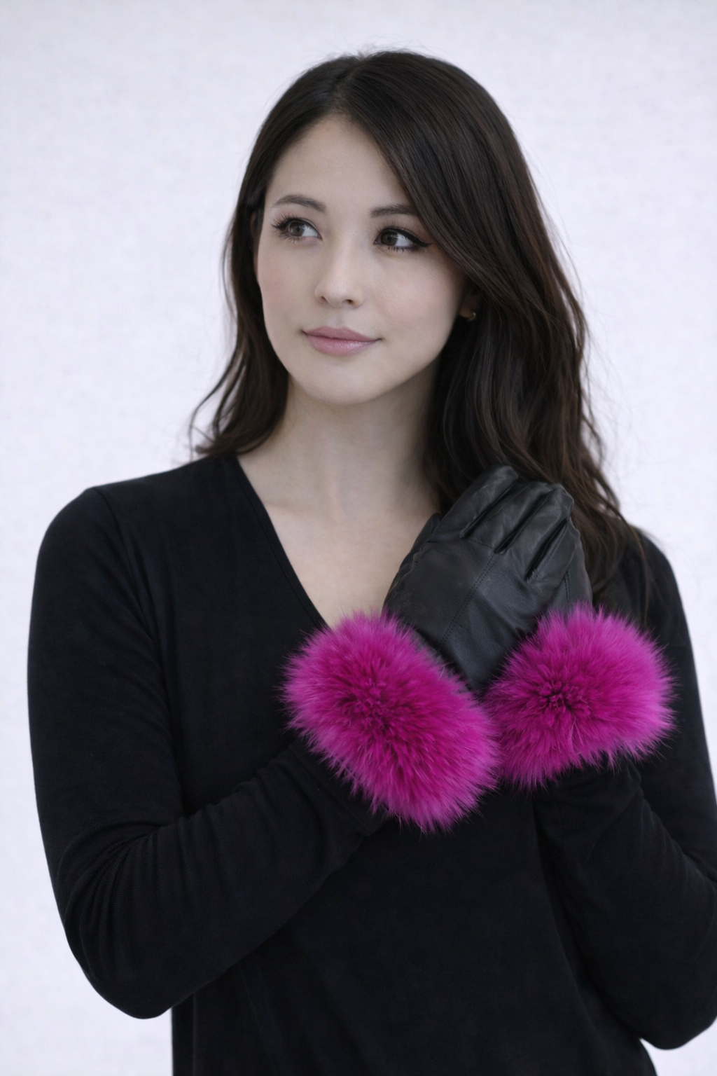Leather Gloves with Faux Fox Fur Cuff