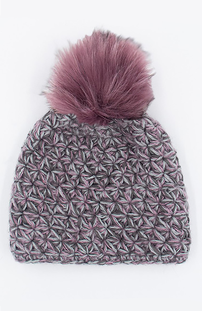 Handmade Star Knit Beanie with Faux Fox Fur Pom