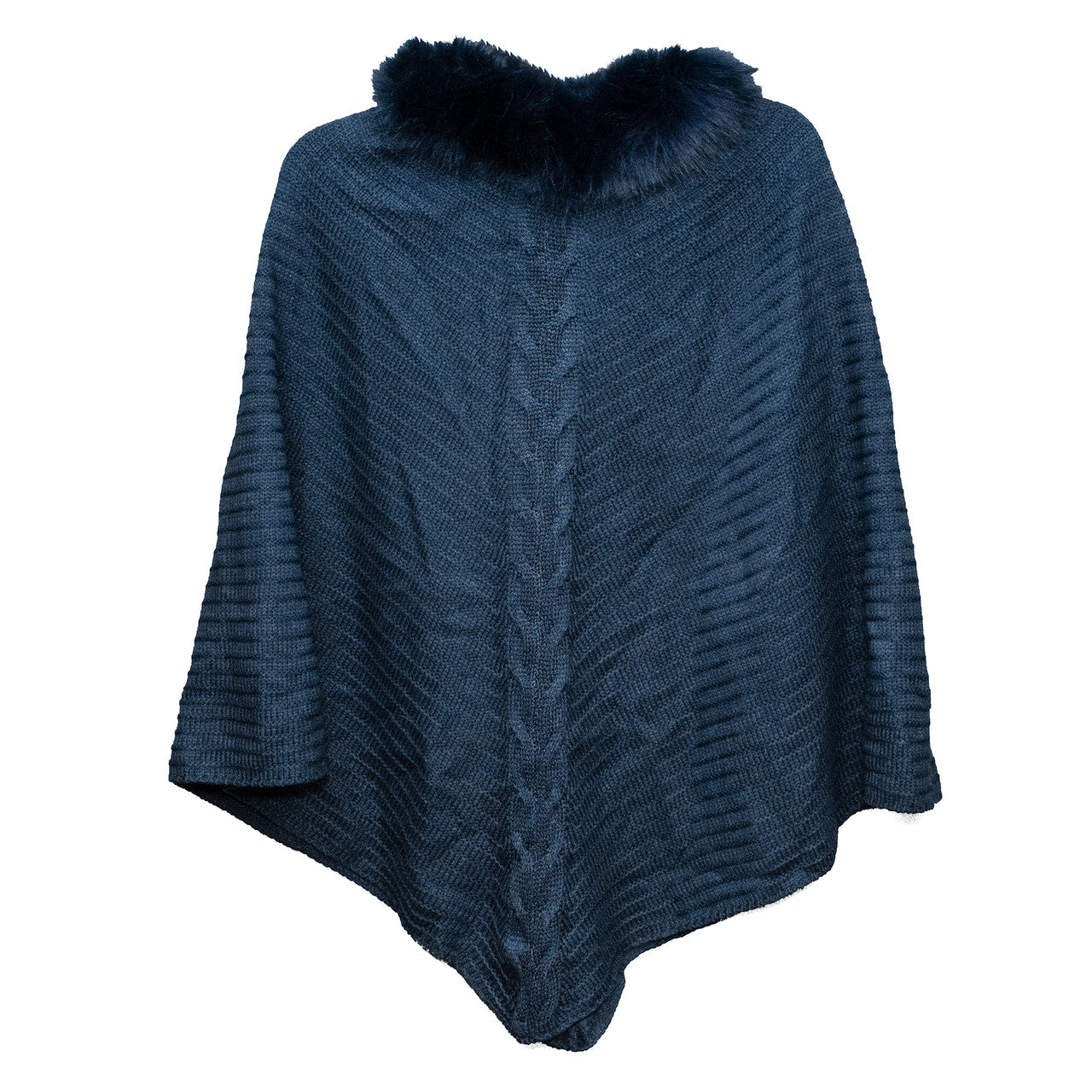 Blue Knit Ruana with Center Braid and Faux Fur Trim