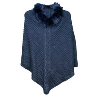 Navy Knit Ruana with Center Braid and Faux Fur Trim