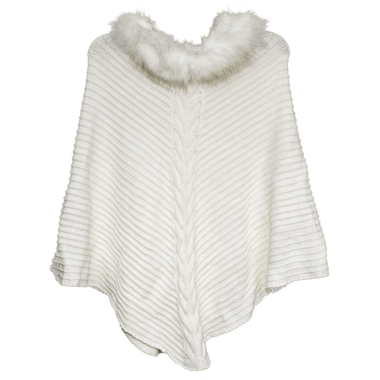 White Knit Ruana with Center Braid and Faux Fur Trim