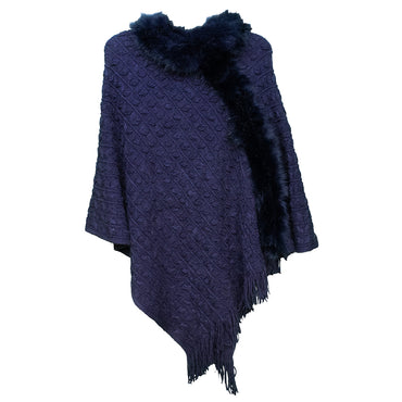 Blue Knit Ruana with Chevron Pattern and Faux Fur Trim