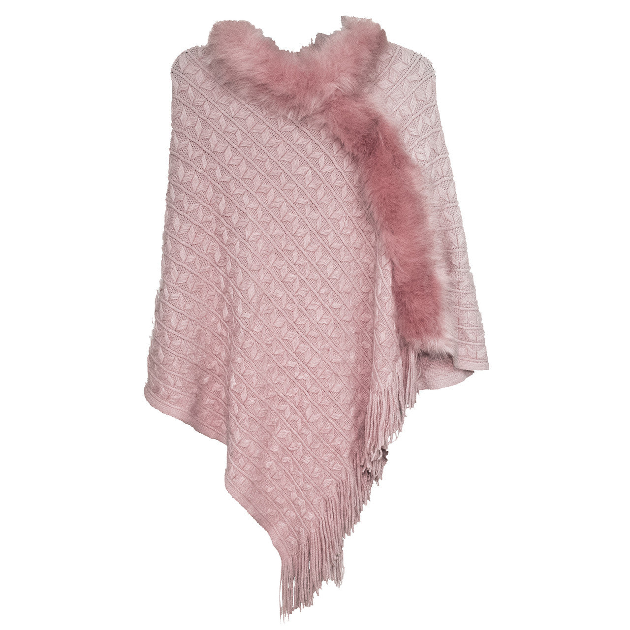 Pink Knit Ruana with Chevron Pattern and Faux Fur Trim