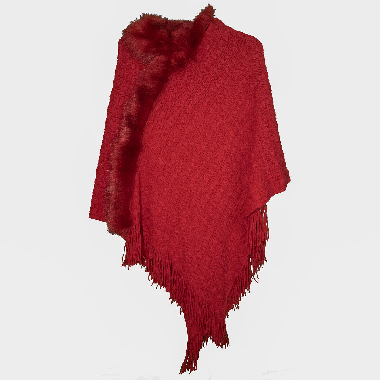 Red Knit Ruana with Chevron Pattern and Faux Fur Trim