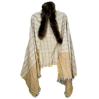 Brown Plaid Houndstooth Shawl with Faux Fur Trim