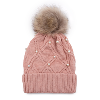 Knit Hat with Faux Fur Pom and Pearl Detail