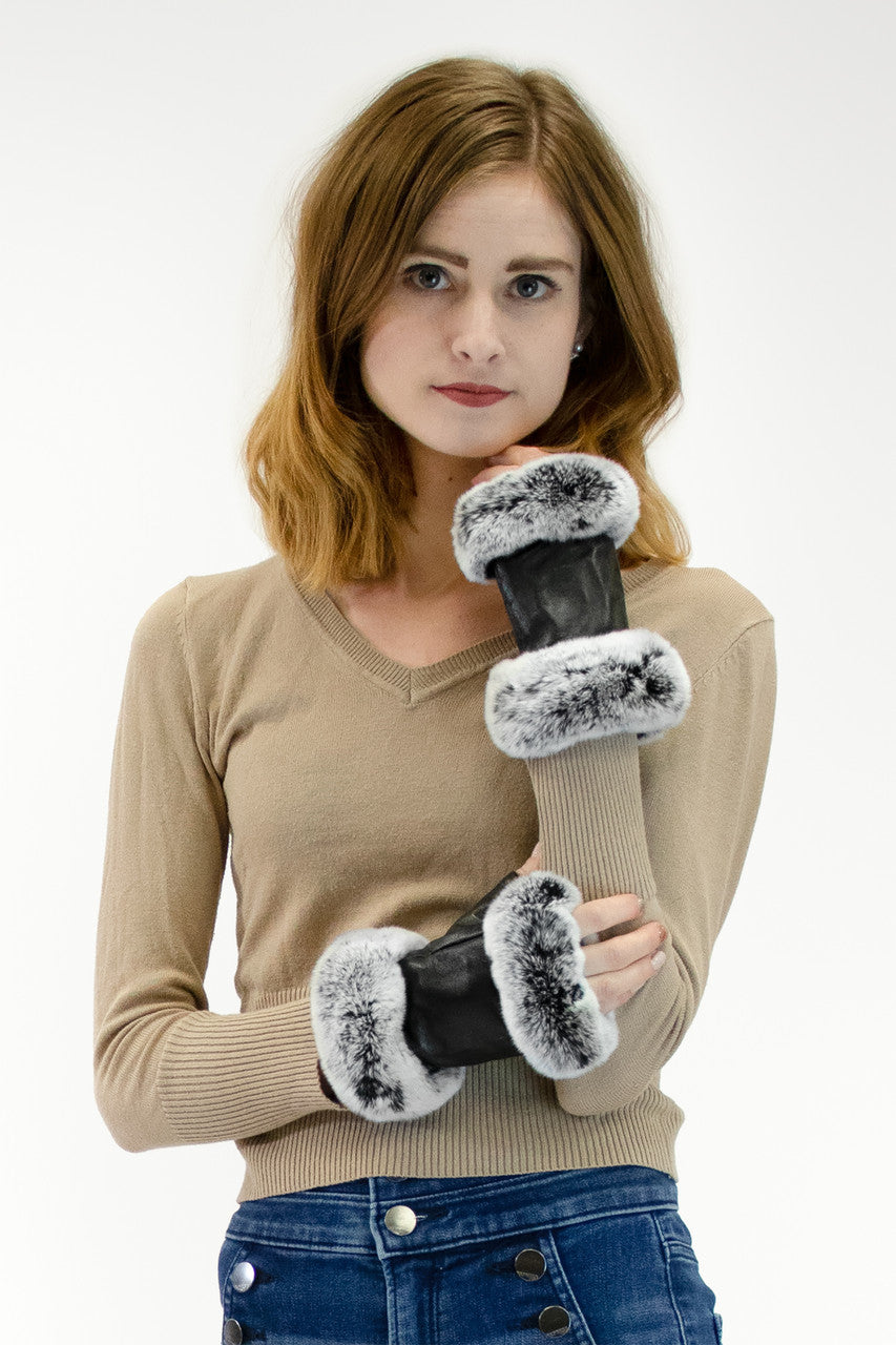Lamb Leather Fingerless Gloves with Rex Rabbit Trimming