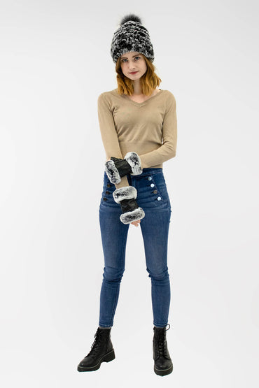 Lamb Leather Fingerless Gloves with Rex Rabbit Trimming