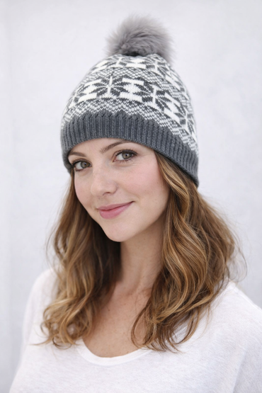 Snowflake Beanie with Faux Fox Fur Pom