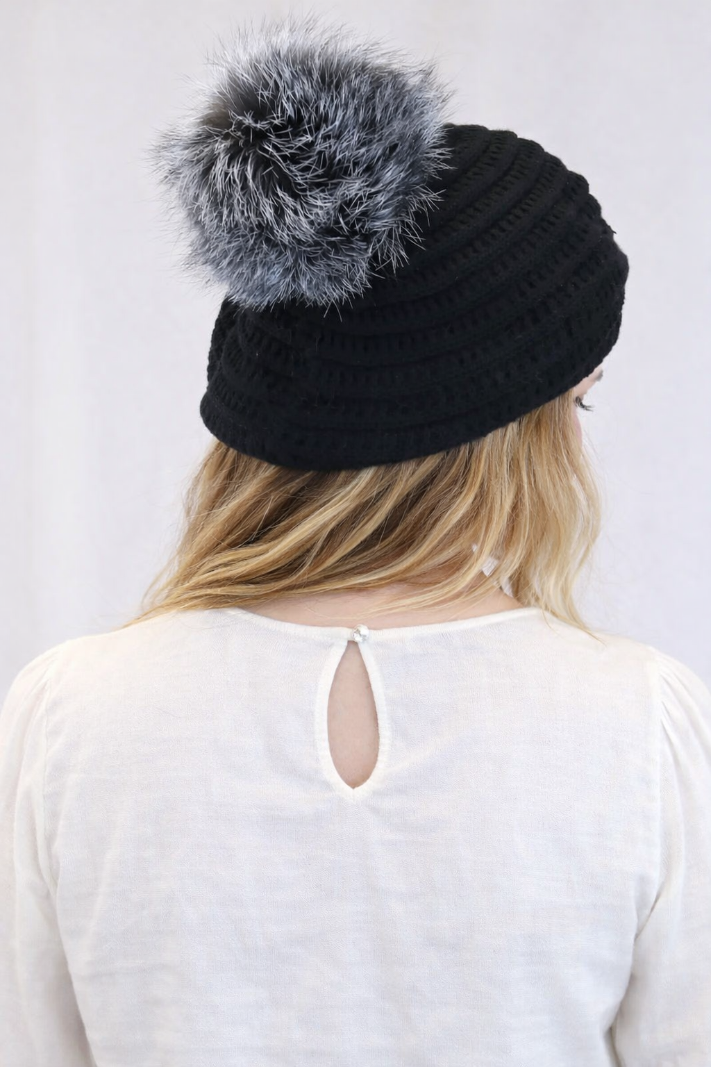 Spiral Knit Beret with Fox Fur Pom
