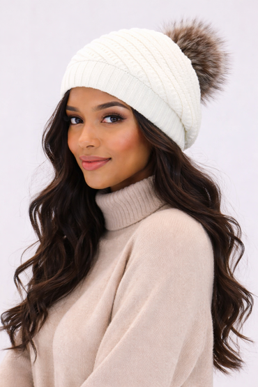 Spiral Knit Beret with Fox Fur Pom