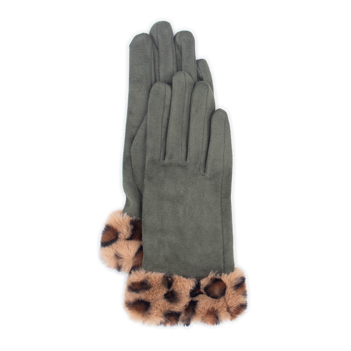 Faux Suede Gloves with Leopard Faux Fur