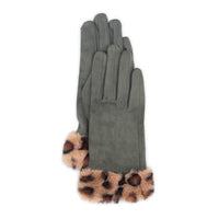 Faux Suede Gloves with Leopard Faux Fur