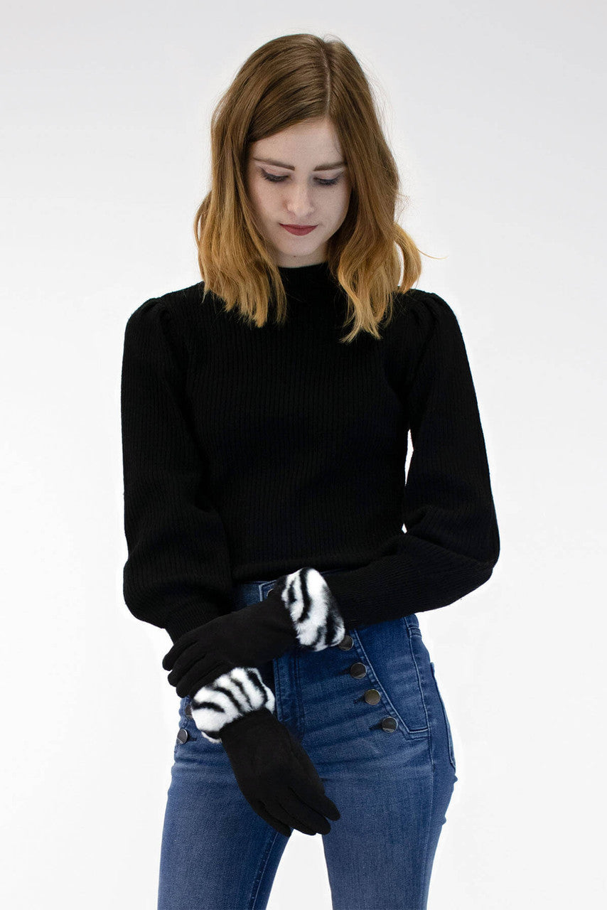 Faux Suede Gloves with Faux Rex Rabbit Fur Zebra Cuff 
