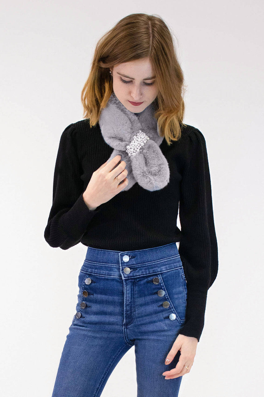 Faux Fur Pull-Through Scarf with Pearl Detail